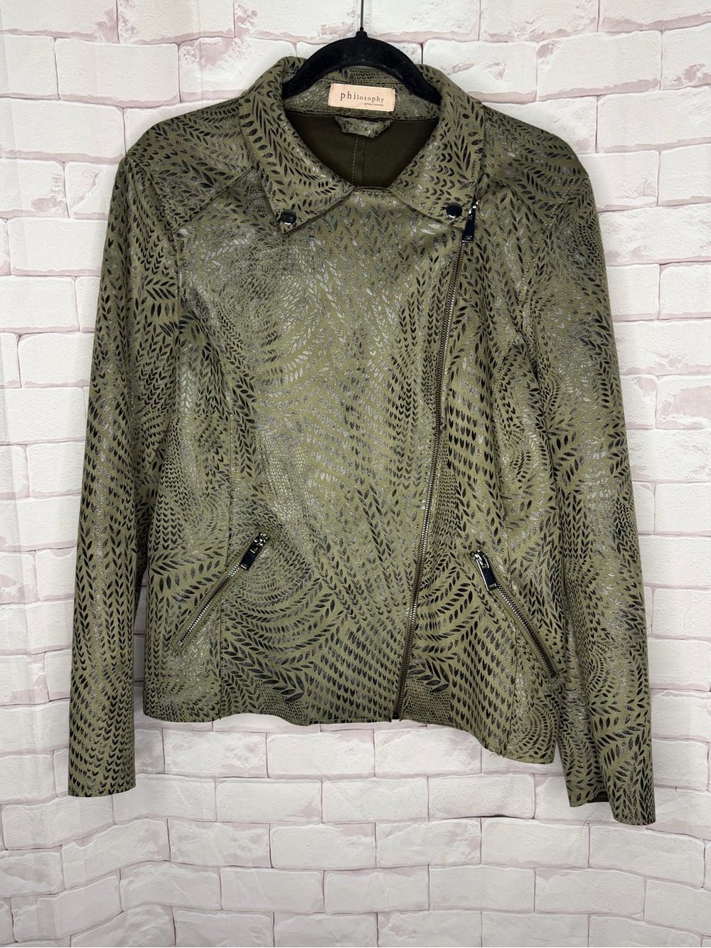 Philosophy Olive Green Faux Leather Moto Jacket Leaf Cutout Detail Size Small